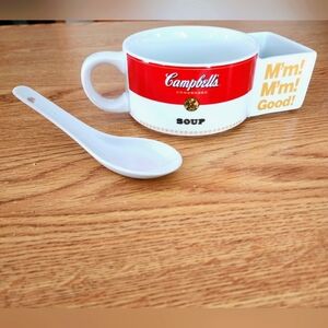 Campbells soup mug with attached cracker holder and soup spoon